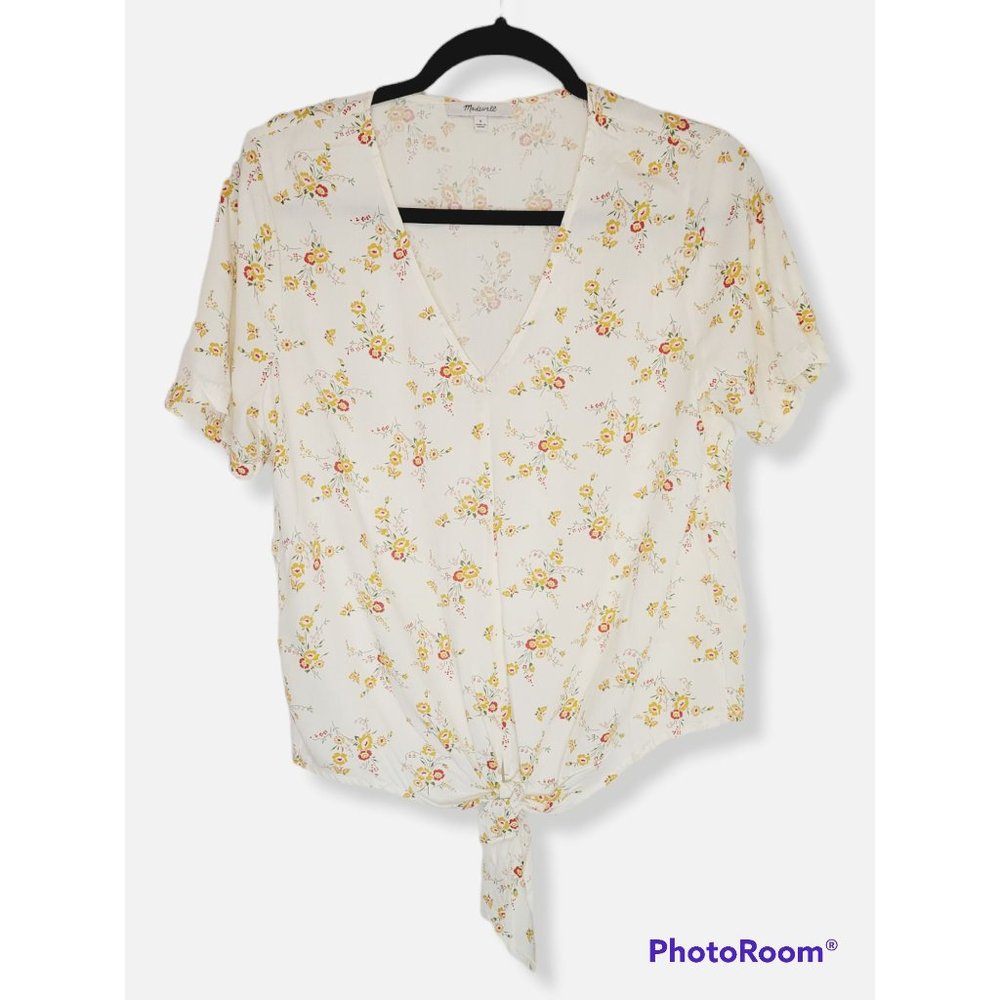 Madewell White Short Sleeve V-Neck Windowbox Floral Novel Tie in Front Top - S